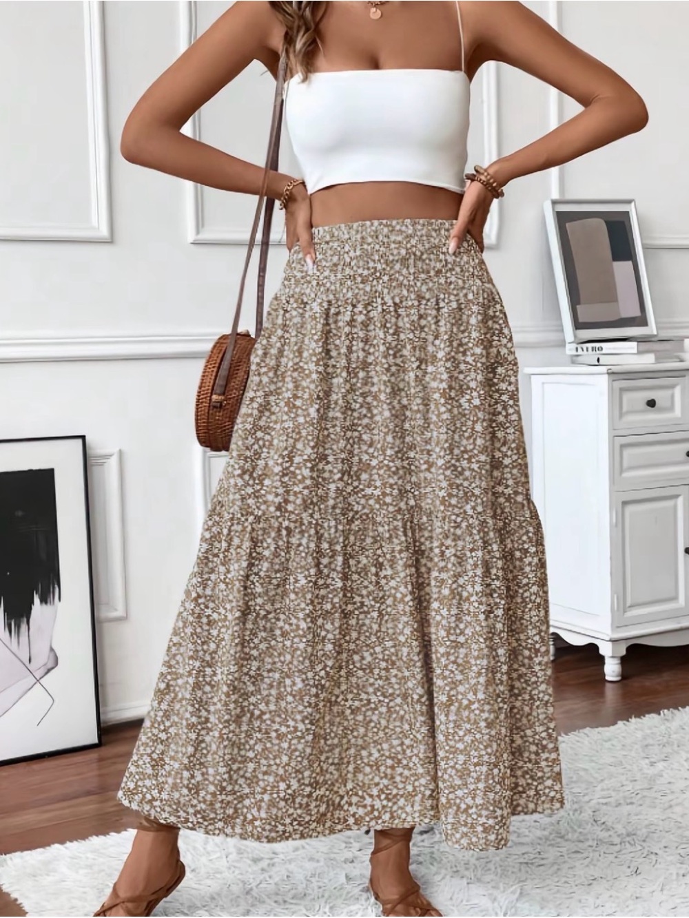 Women’s Floral Tiered Maxi Skirt - Beige